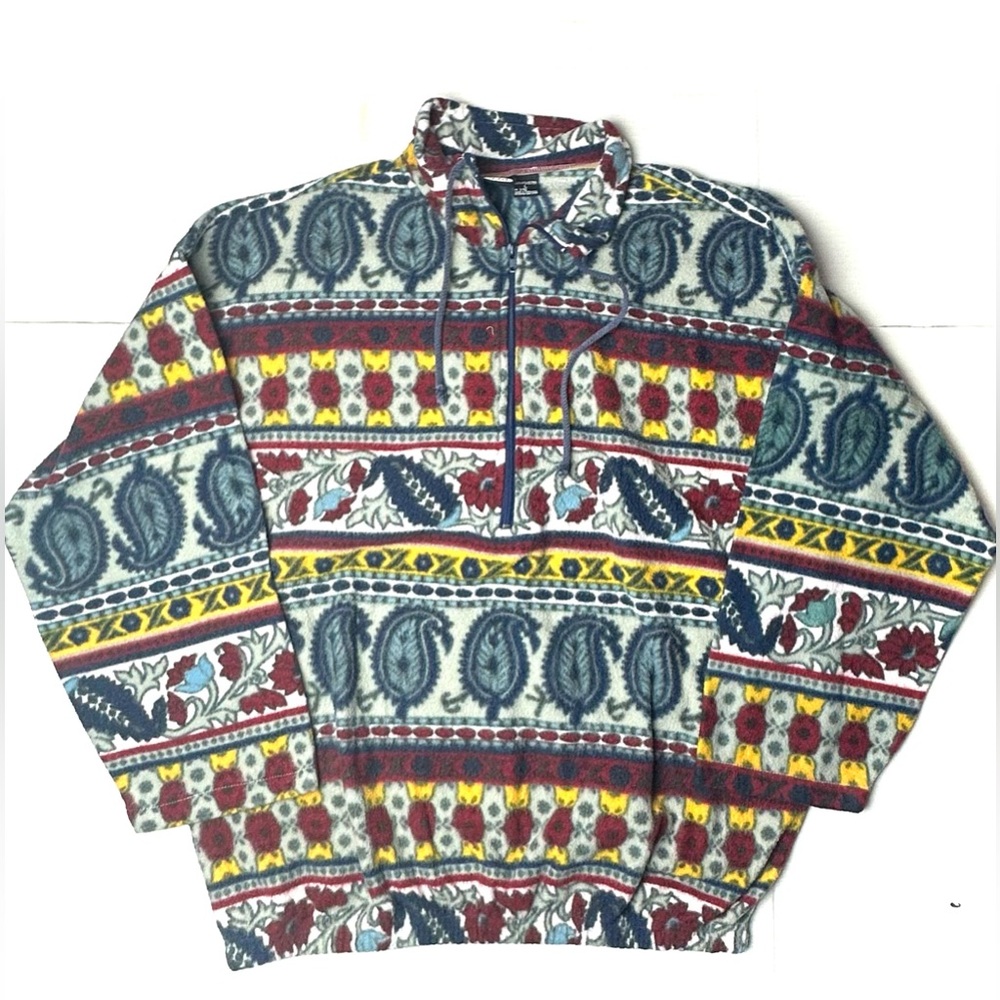 Vintage I AM‎ Women’s Large Quarter Zip Fleece Sweater Sweatshirt 90s Leaf Print